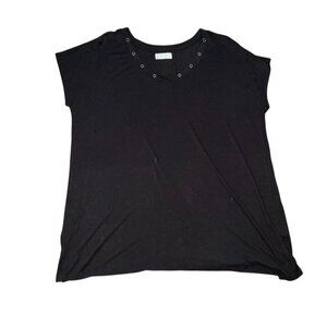 Maurices Womens V-Neck Short Sleeve Shirt W/ Neck Detail-Black-L-GUC